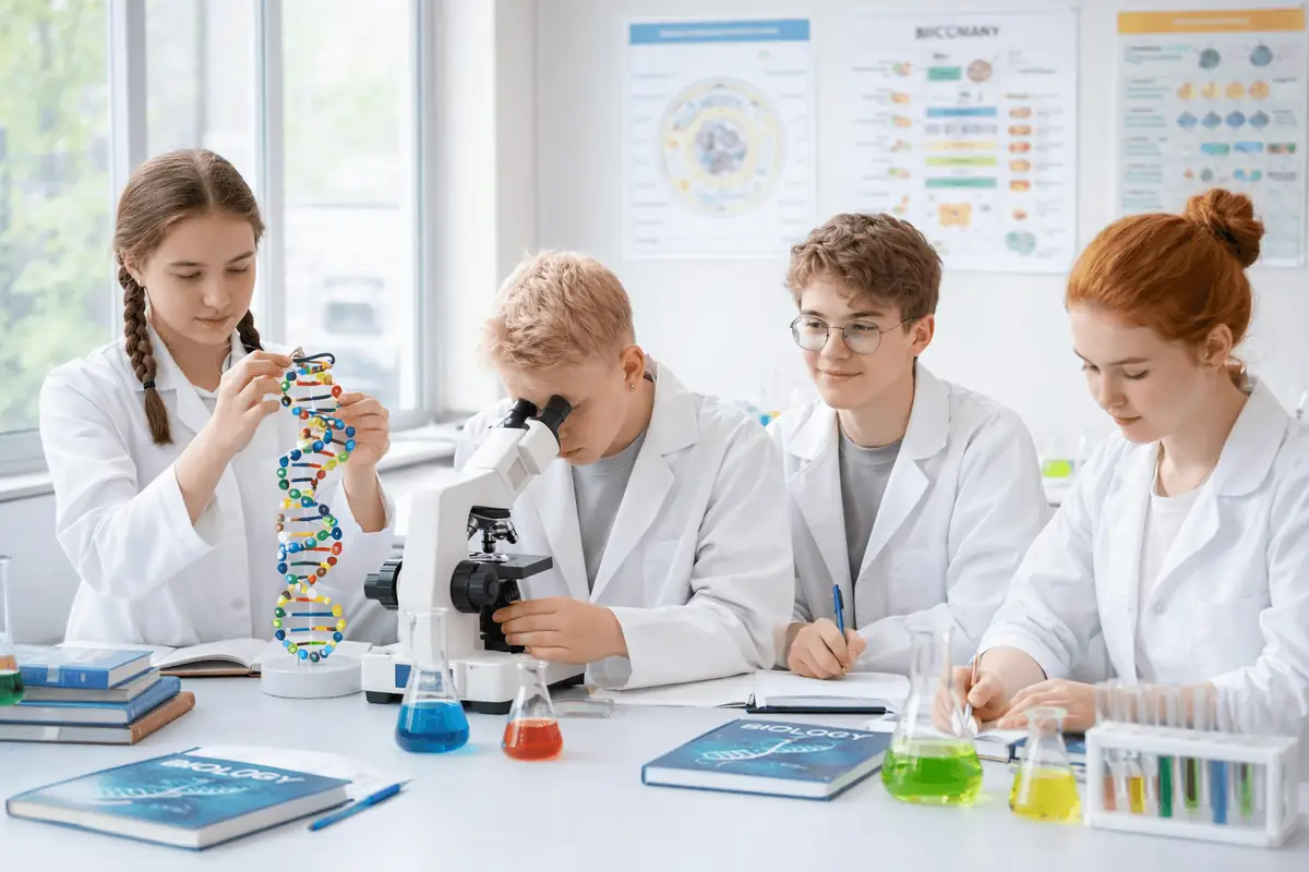 Students taking the usabo practice test in a classroom